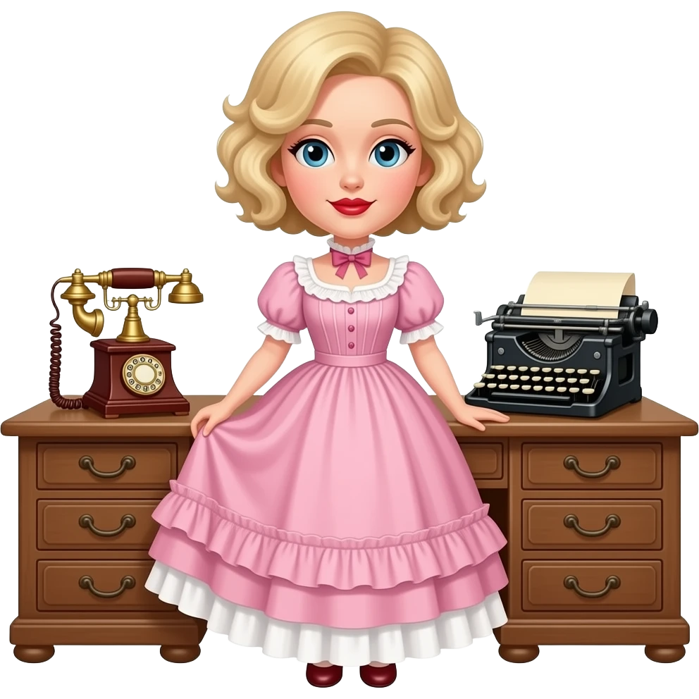 short blonde curly pixie bob hair in a 1800 pink dress in an antique desk, antique phone, and antique typewriter with red lipstick emoji