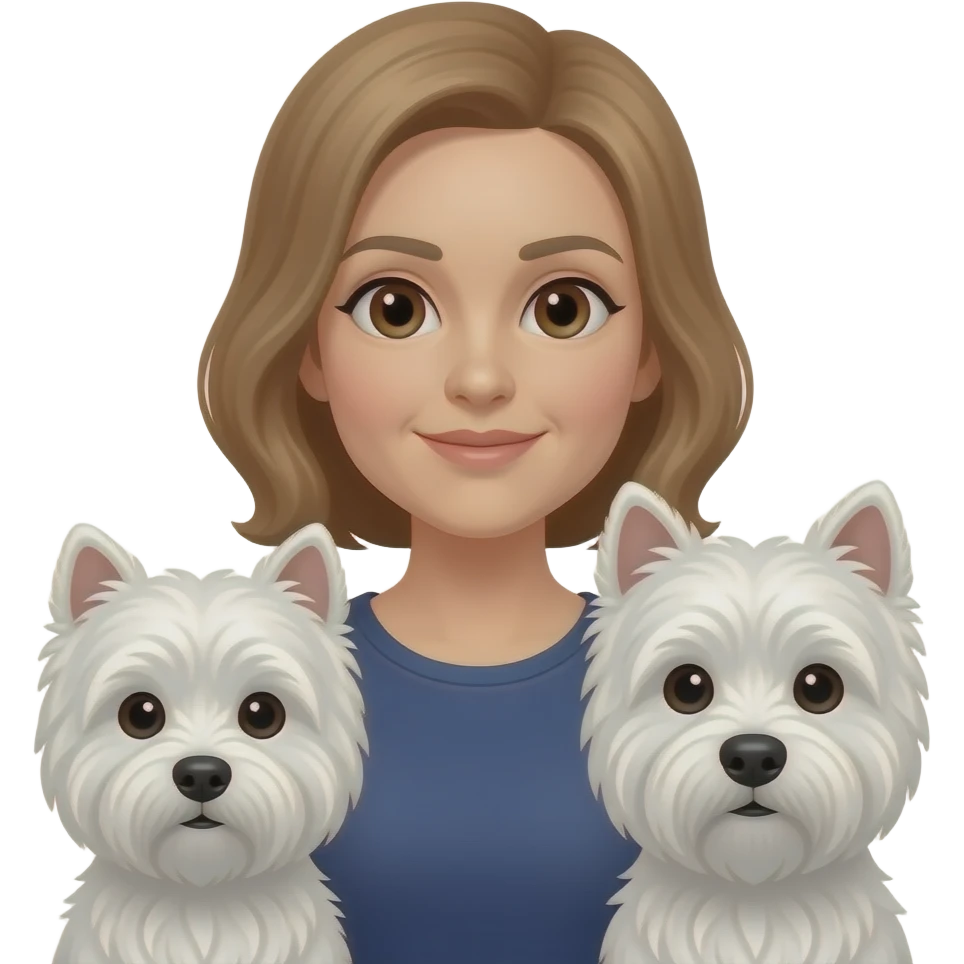 Middle age woman brown eyes , shoulder length light brown hair, with a female westie and a male westie emoji