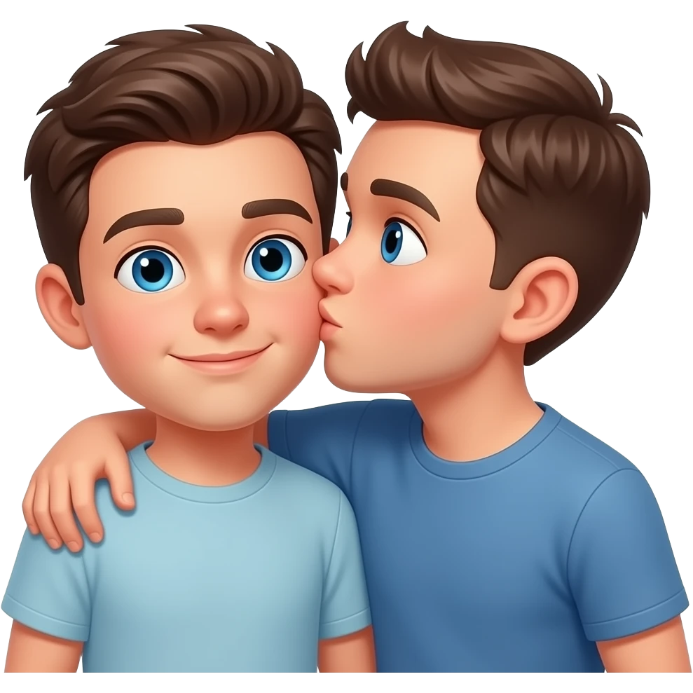 Erstelle ein Emoji von zwei Brüder, der eine um die 22 und der andere um die 26, der älter Bruder legt sein Arm über sein jüngeren Bruder und küsst ihn auf die Wange. Beide haben blaue Augen emoji