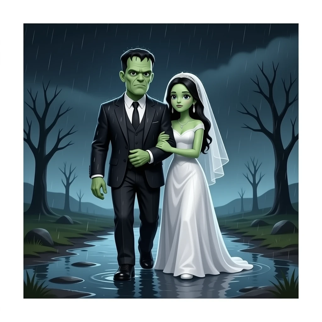 synthwave - Frankenstein Monster embraces his monstrous bride while walking through a desolate night landscape emoji
