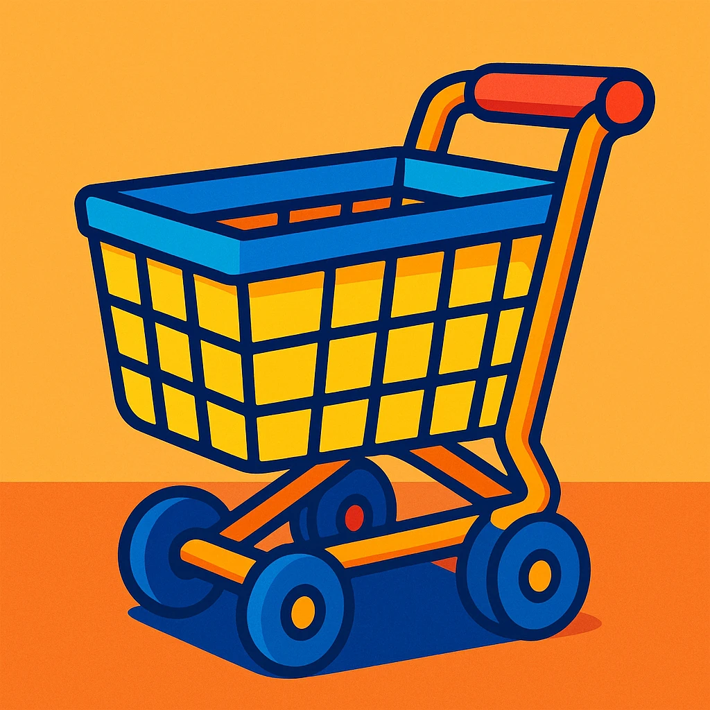 cartoon style shopping cart, bright and playful, vibrant colors, playful design emoji