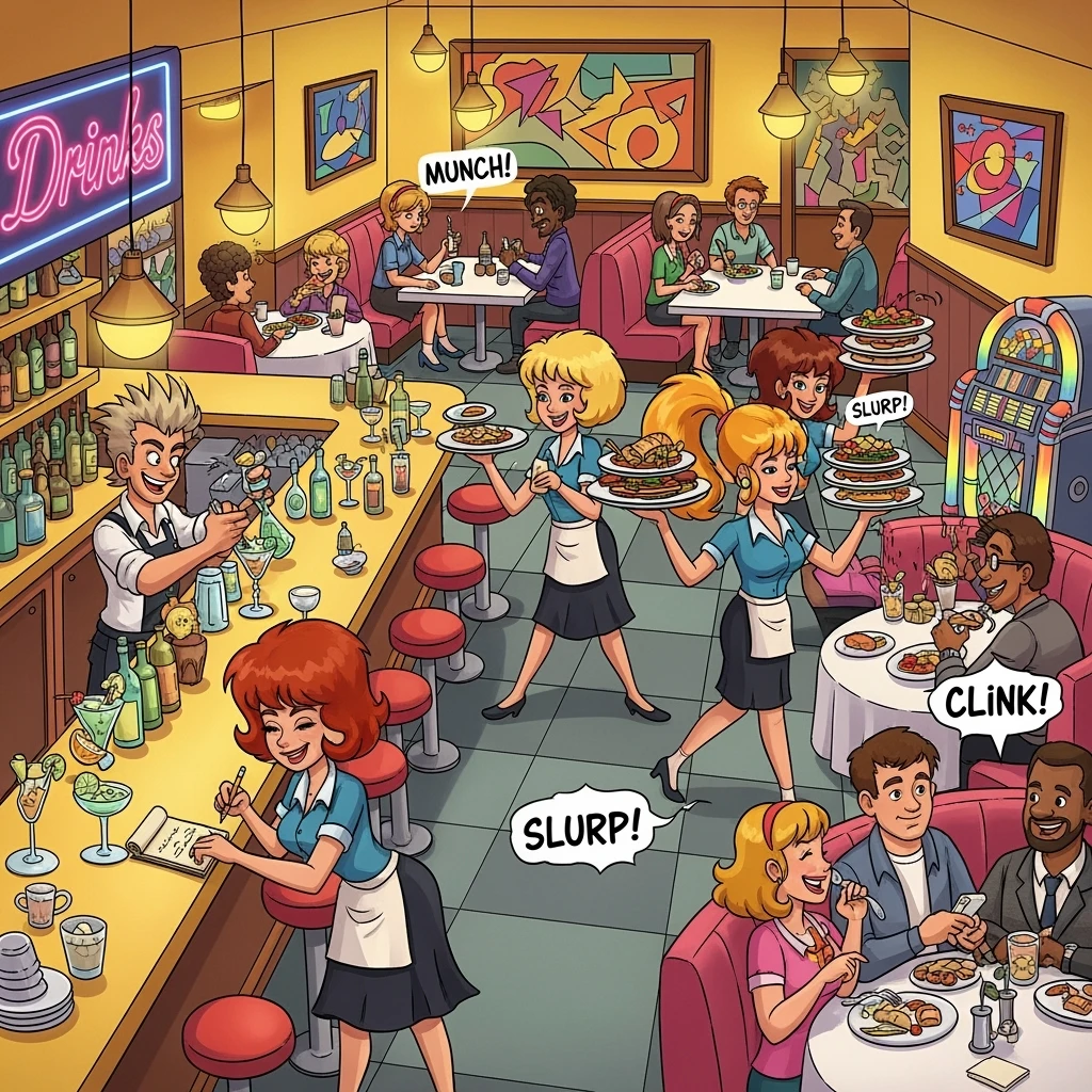 Illustration d'un restaurant avec des clients à table, des serveuses qui prennent les commandes et qui amènent les plats. Un barman sert des cocktails. Ambiance chaleureuse. Style cartoon années 90. emoji