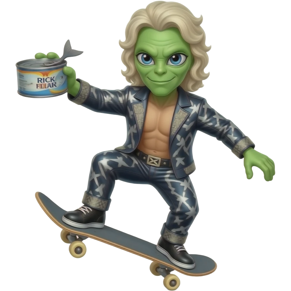 An alien on a skateboard doing a trick while holding a tuna can while wearing a the wrestler Rick flairs iconic costume emoji