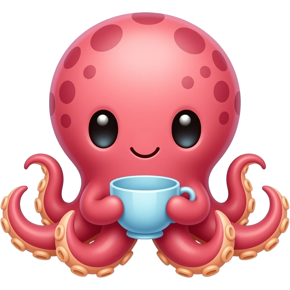 Cute octopus sitting low, holding a glass teacup, front-facing whimsical pose emoji