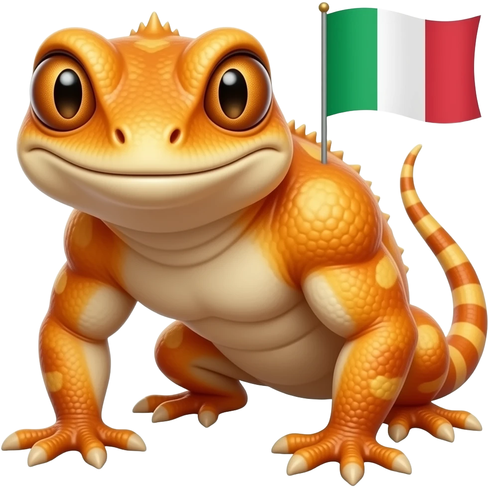 Quiero un diseño de un gheco color naranja musculoso mirando de frente, que salga también la bandera en Italia, muy rebelde è irreverente emoji