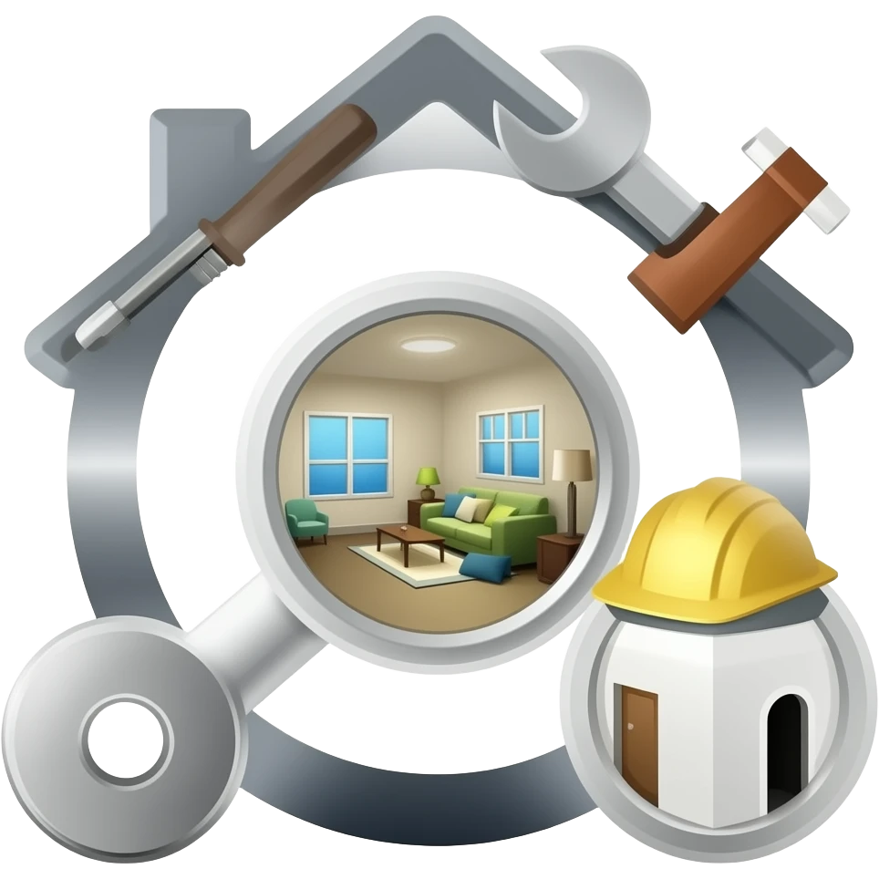 Minimalist icon representing full service / all-in-one construction. Show connected elements like tools, house interior and installation combined into one symbol. Clean, modern, simple lines, no details, flat design, monochrome, professional look, suitable for website UI. emoji