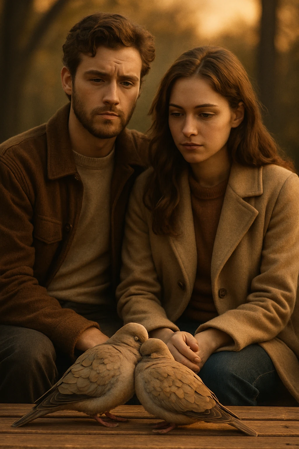 Vertical format: A couple sitting together on a bench, thoughtful gazes, in front of them a pair of birds cuddling, atmosphere of reflection and tenderness. emoji
