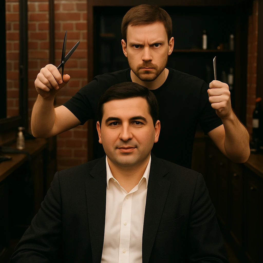 endi esa birinchi rasmdagi odamni yuzini sartaroshni yuziga qilib ber emoji