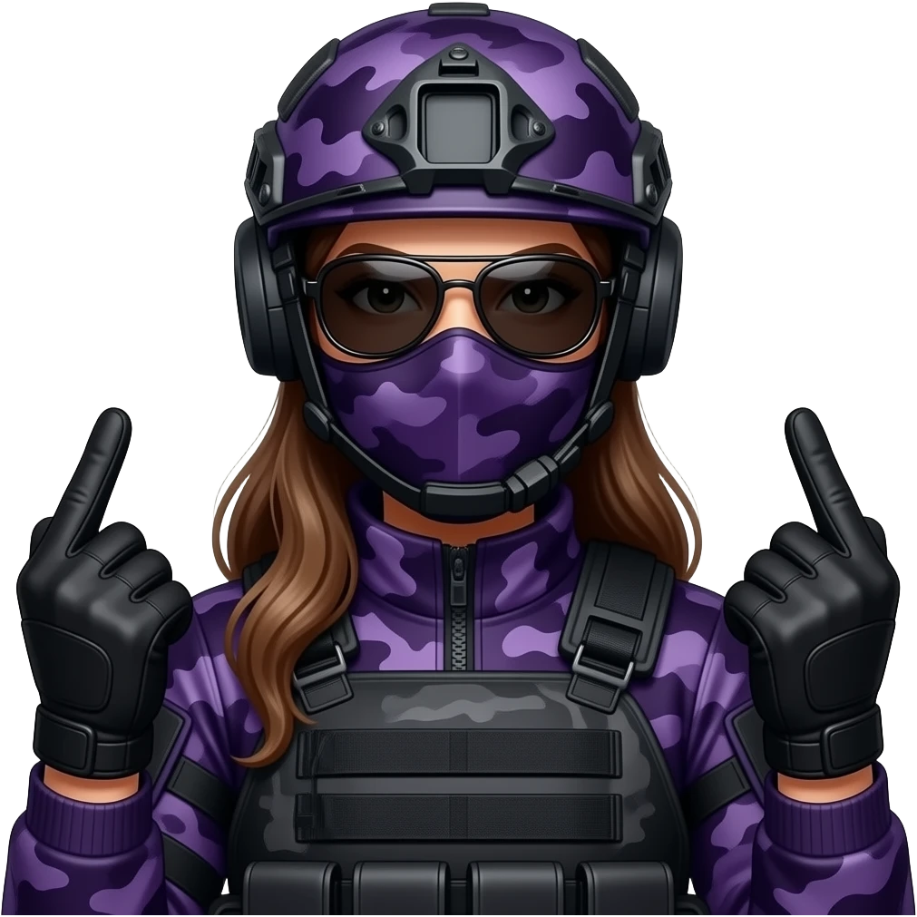 Woman with long hair in large black aviator sunglasses dark purple camoflage tactical gear helmet and mask giving the finger two times in black gloves emoji