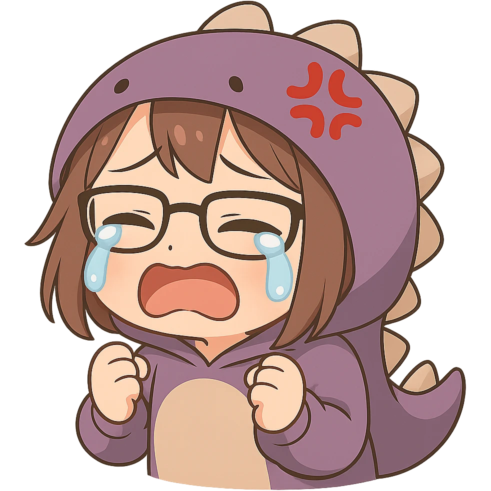 Chibi anime style gamer girl with glasses, brown hair, dark purple eyes, wearing a purple dinosaur costume, making a crying emote, no controller, same style as reference, no background. emoji
