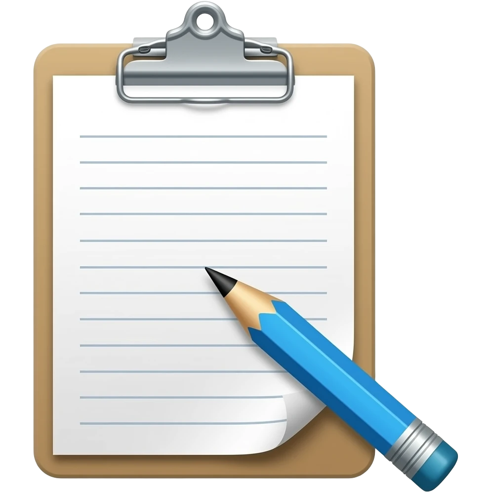 Clipboard with piece of paper and with blue pencil in front emoji