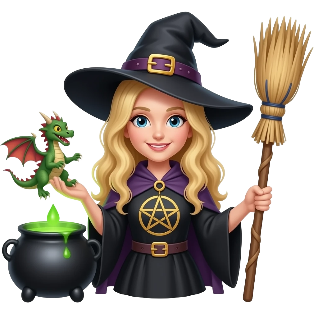Witch with blonde hair, cauldron, pentagram, broomstick, dragon emoji