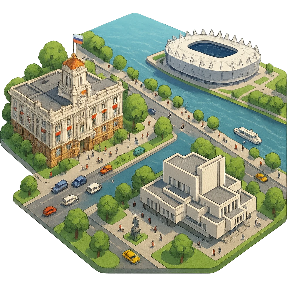 Изометричная чёткая миниатюрная фотореалистичная 3D модель панорамы Ростова-на-Дону — фотореалистичное Здание городской думы Ростова-на-Дону (Городской дом), Ростов-Арена, Ростовский театр драмы имени Горького, набережная Дона, люди, автотранспорт. Вид сверху в изометрии, яркие цвета, мультяшная рисованная реалистичность, прозрачный фон, компактная композиция. emoji