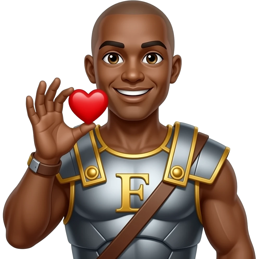 Muscular Roman soldier bald brown smiling letter E on breast plate blowing a heart with hand emoji