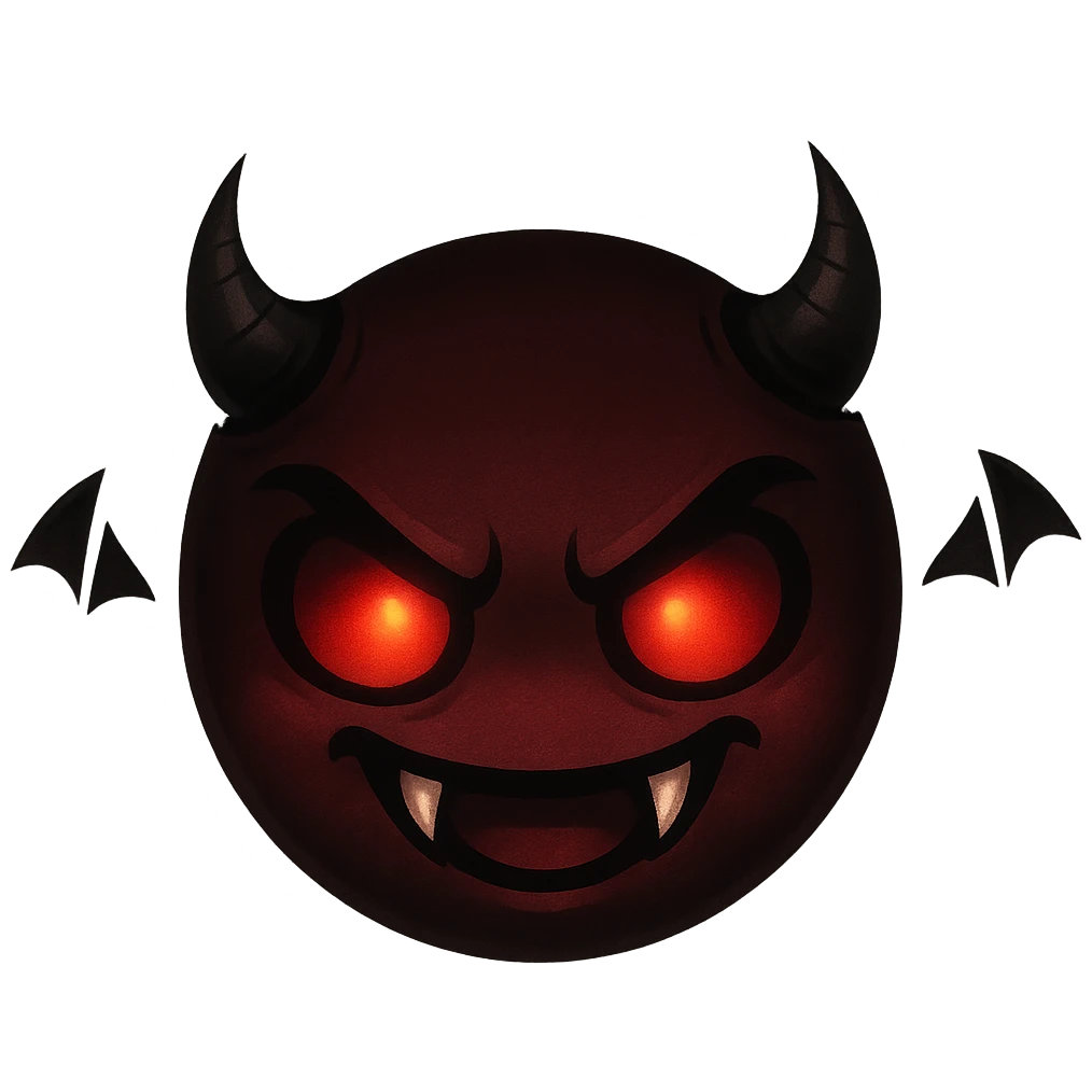 devil emoji in chibi style with gothic palette black and crimson, sharp fangs, glowing eyes, dramatic shadows emoji