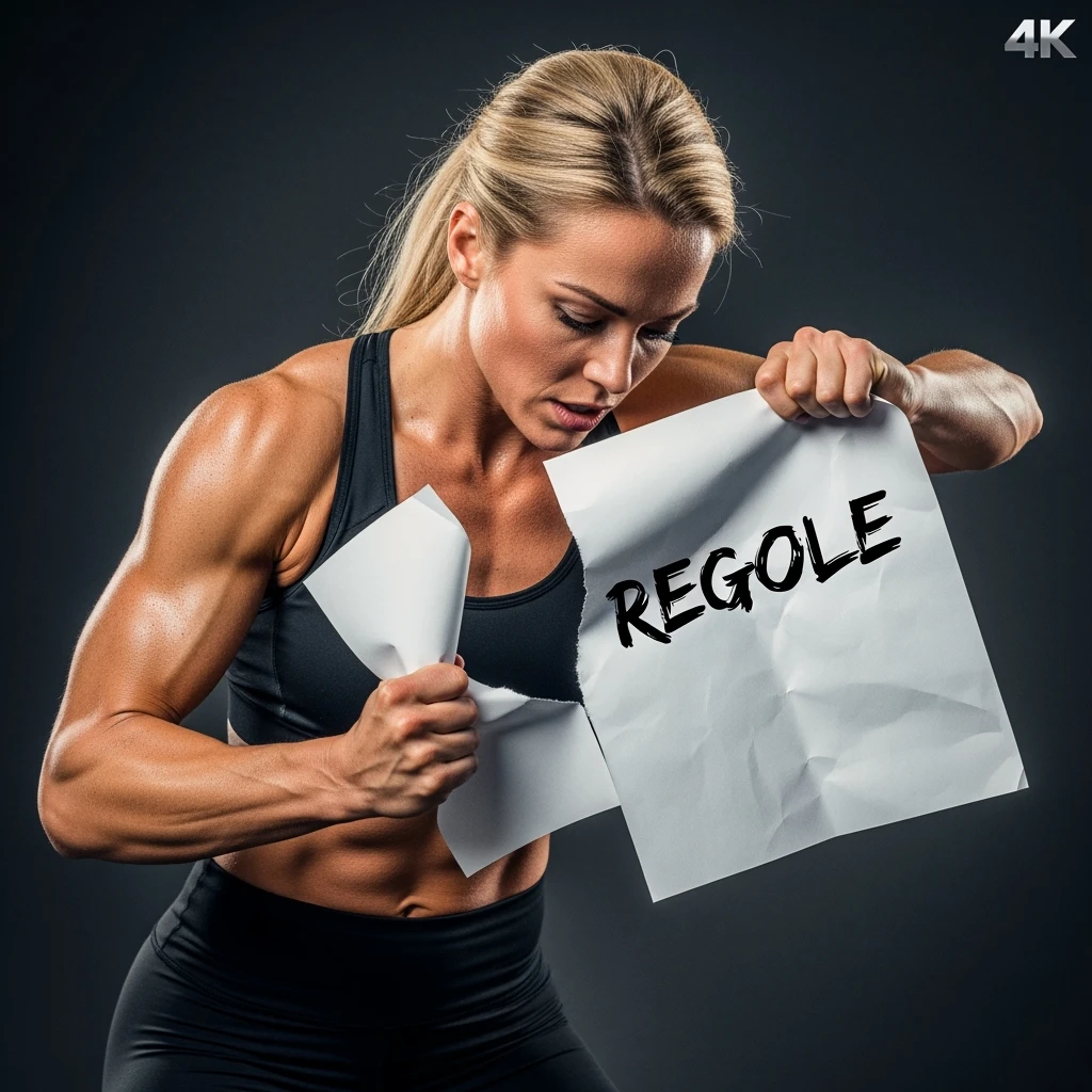 DONNA FITNESS CHE STRAPPA UN FOGLIO CON LA SCRITTA "REGOLE", IPERREALISTICA 4K, SENZA SFONDO emoji
