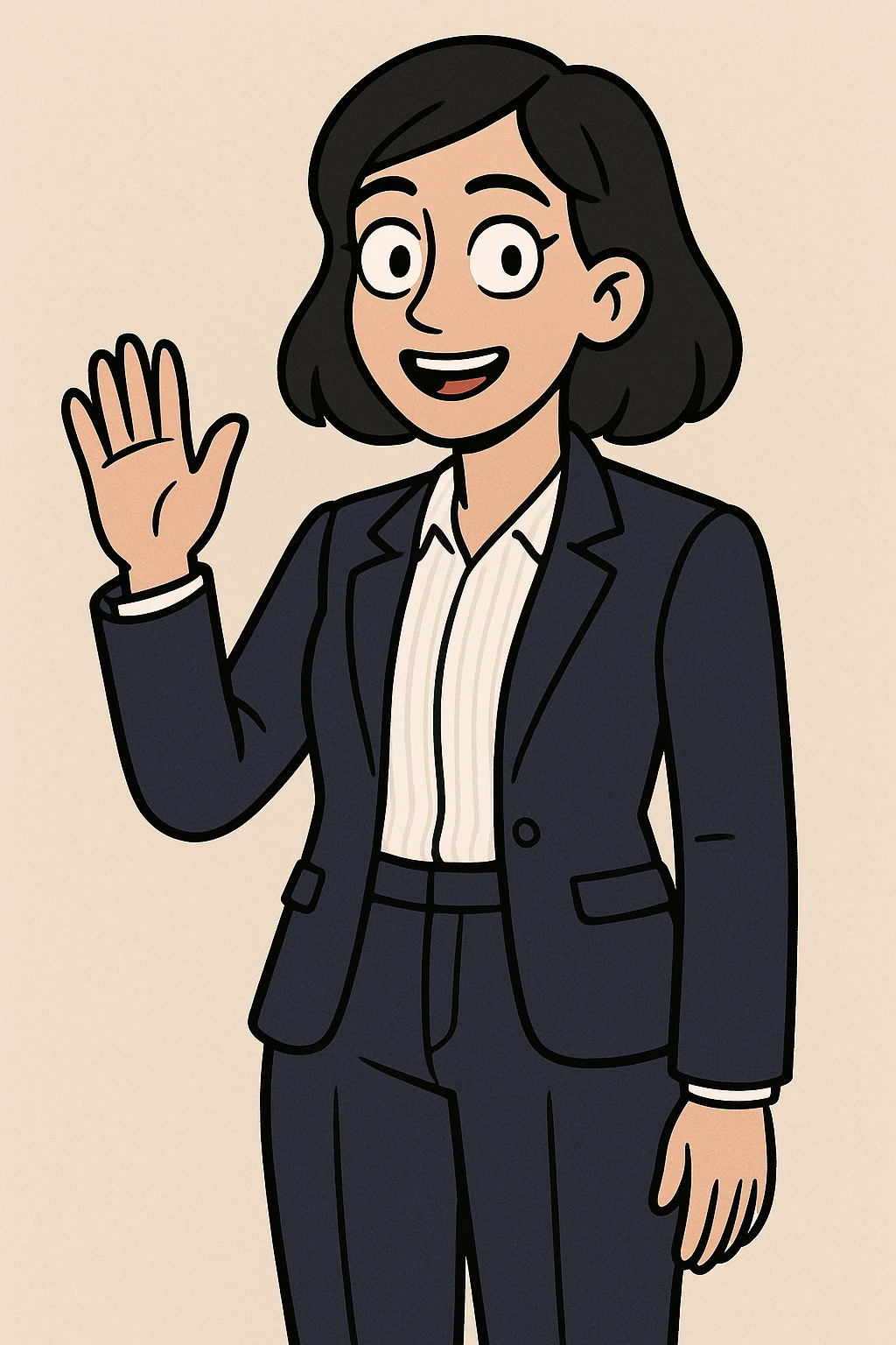 A woman black hair white Villeta Herringbone Shirt Navy Cannes Tailored Fit Jacket jackets Navy Rosalind High Waist Trouser a hand say hello emoji