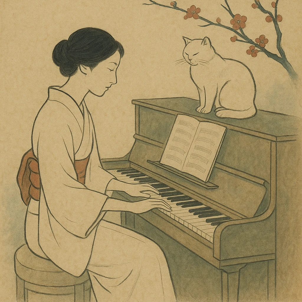 woman playing piano while her cat sits on top of the piano emoji
