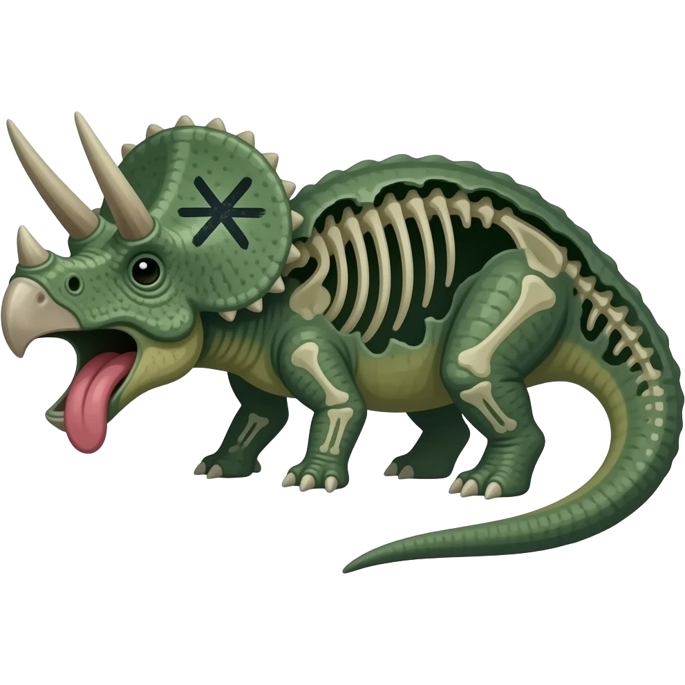 a dark green triceratops that has fallen over.  It has been chewed up and has visible ribs and x's over its eye, with its tongue hanging out emoji