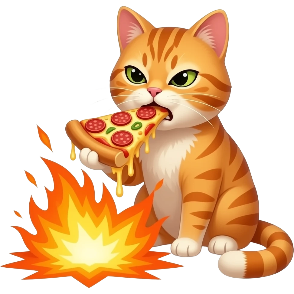 Orange cat eating pizza and making an ugly face while the pizza explodes emoji