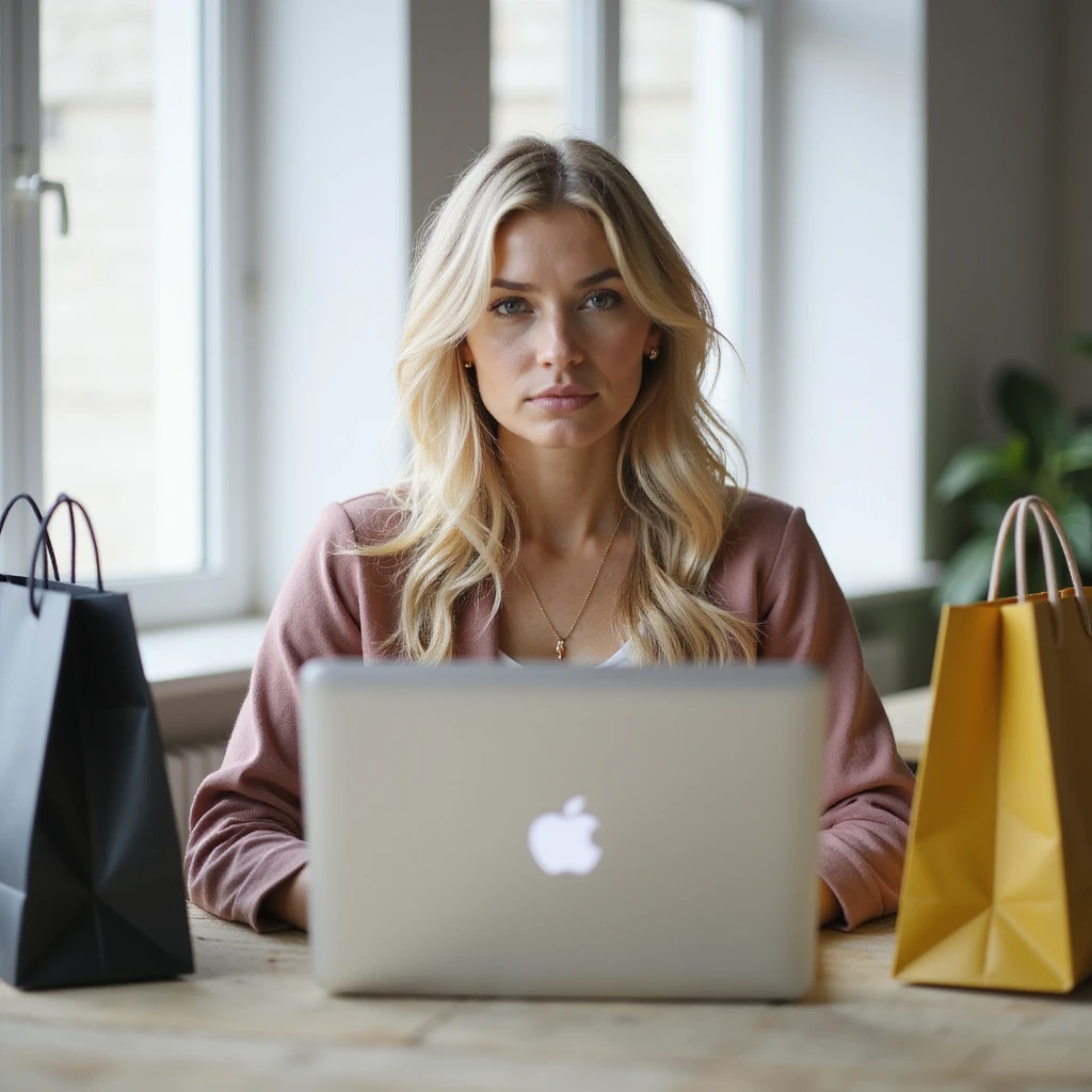 a blonde woman sitting at a desk with a laptop and shopping bags, photorealistic style, bright and airy room emoji