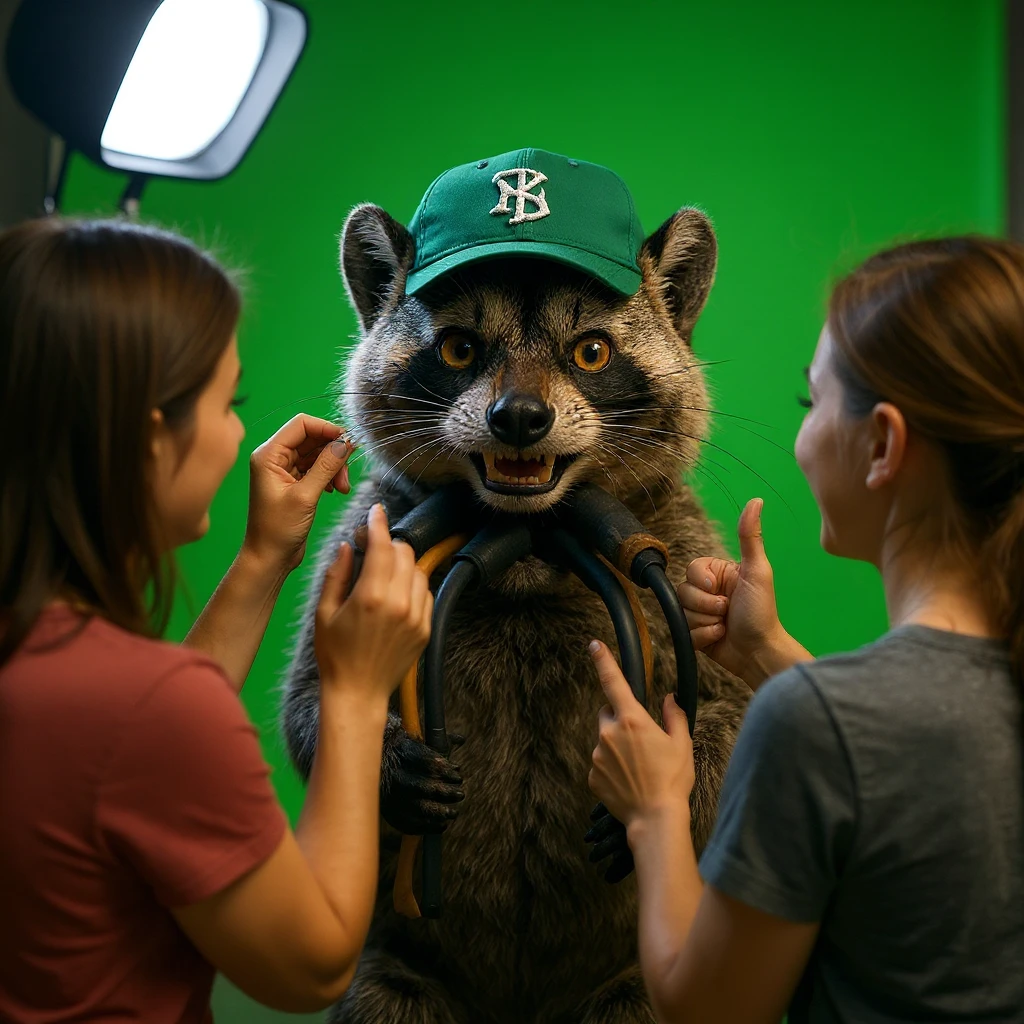 Make this raccon looking cute and make him on a movie set, with a green screen in the background, a raccoon actor is smiling while women are putting makeup on him. The raccoon gives a thumbs up, soft bright light, raccoon wearing green emeralnd color cap emoji