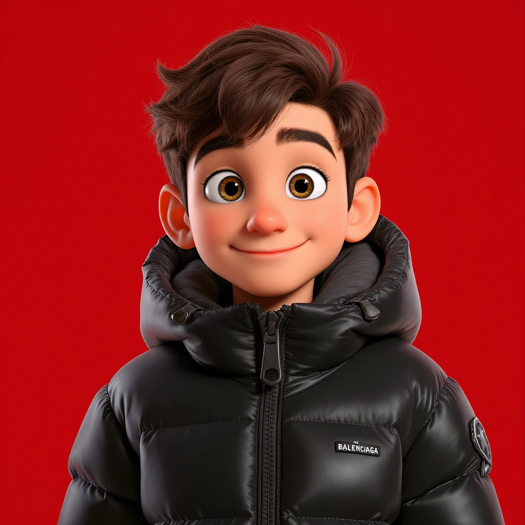 3d disney pixar character, young 18yo boy with dark brown hair, and a shiny black puffer balenciaga design jacket, brave smiling. The background is a solid red color emoji