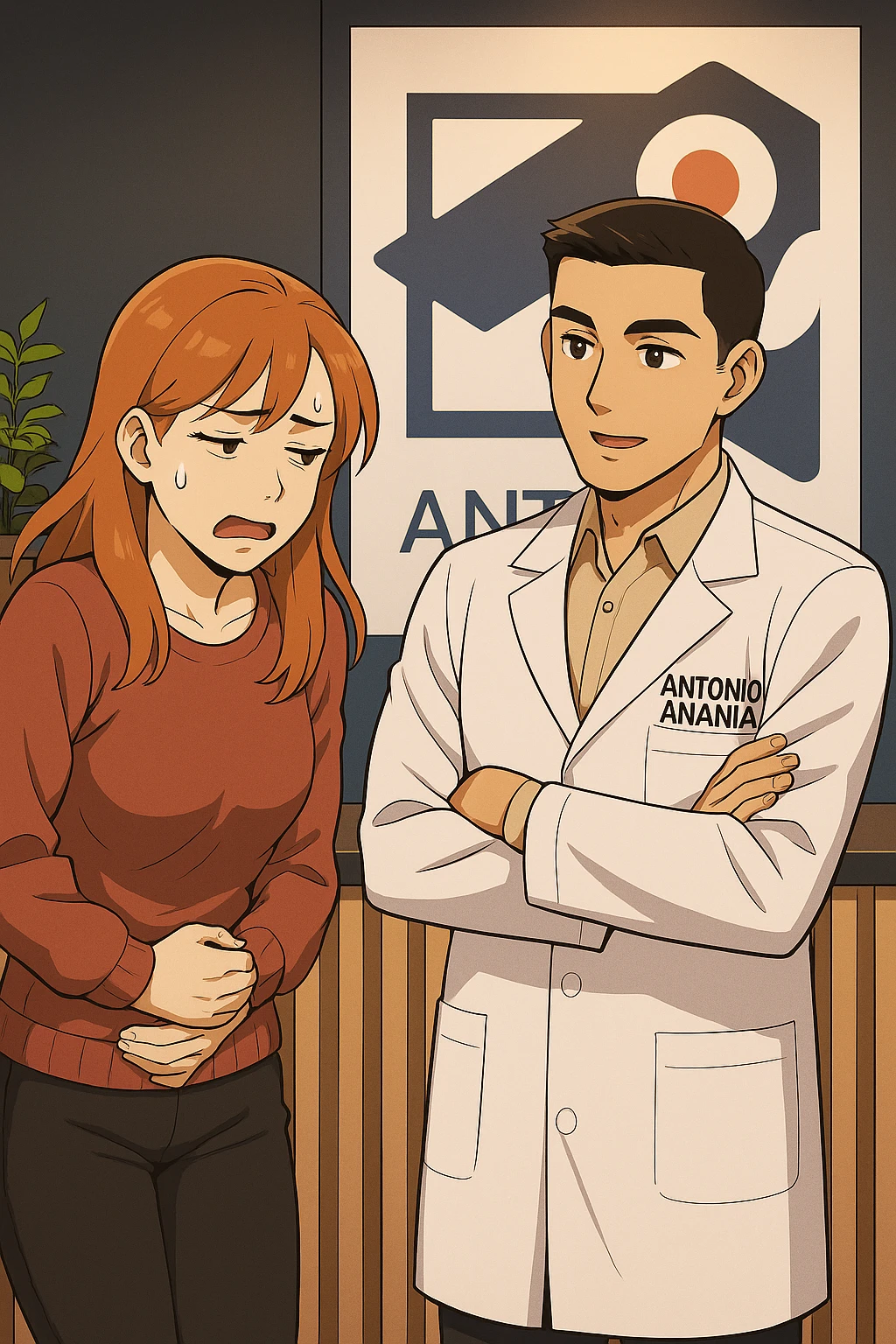 su questo stile fai un manga/webtoon a colori in cui una donna si lamenta che sta male e ha mal di pancia, l'uomo della foto in stile manga gli risponde, mantieni un ambiente simile alla foto che ho allegato con il suo logo (sarebbe il suo studio, lui è un kinesiologo), scrivigli "ANTONIO ANANIA" sul camice bianco, non mettere fumetti, ma fai in modo che sembri che la donna chiede una cosa e l'uomo risponde alla sua domanda emoji