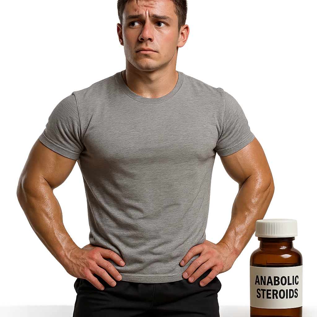 young bodybuilder with developed but not extreme muscles, shiny skin, uncertain look, wearing t-shirt and shorts, bottle of anabolic steroids in foreground, realistic details, isolated on white background emoji