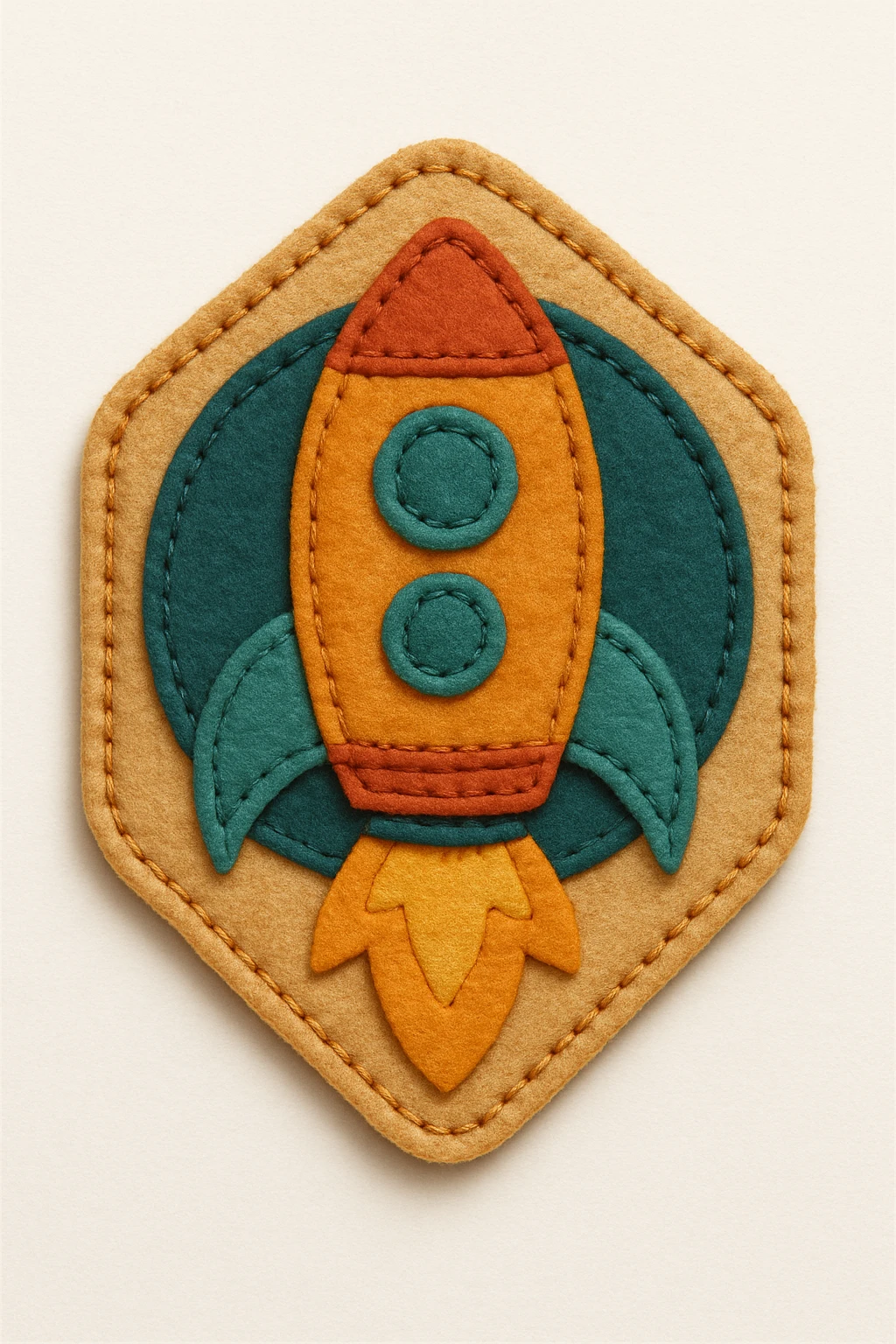rocket badge, retro patch style, stitched edges, vintage colors, fabric texture, collectible badge emoji