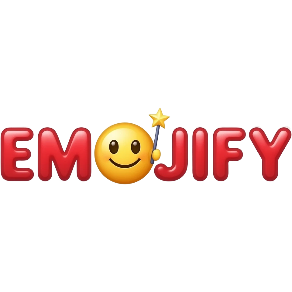 Red text "EMOJIFY", font in candy style is stretched in height and width. Letter "O" is a smiley face with a magic wand. Transparent background. emoji