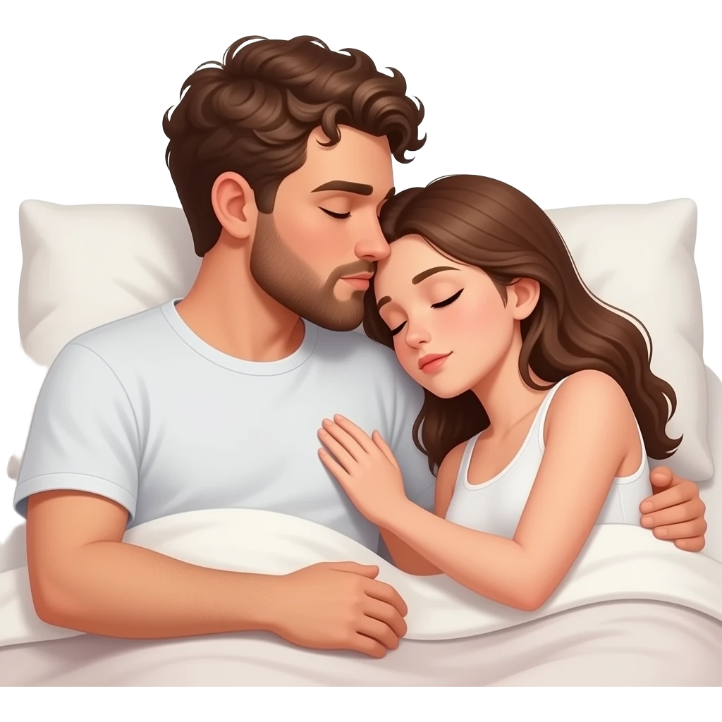 Realistic white man brown super short curly hair with beard high nose bridge kissing while sleeping in bed realistic white girl brown hair emoji