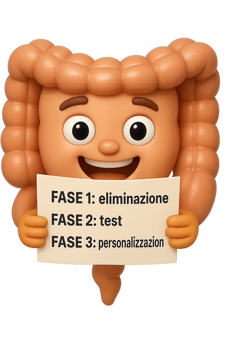 emoji stile iphone 3d di un intestino che tiene in mano un foglio con la scritta "FASE 1: eliminazione, FASE 2: test, FASE 3: personalizzazione, IPERREALISTICO 4K emoji