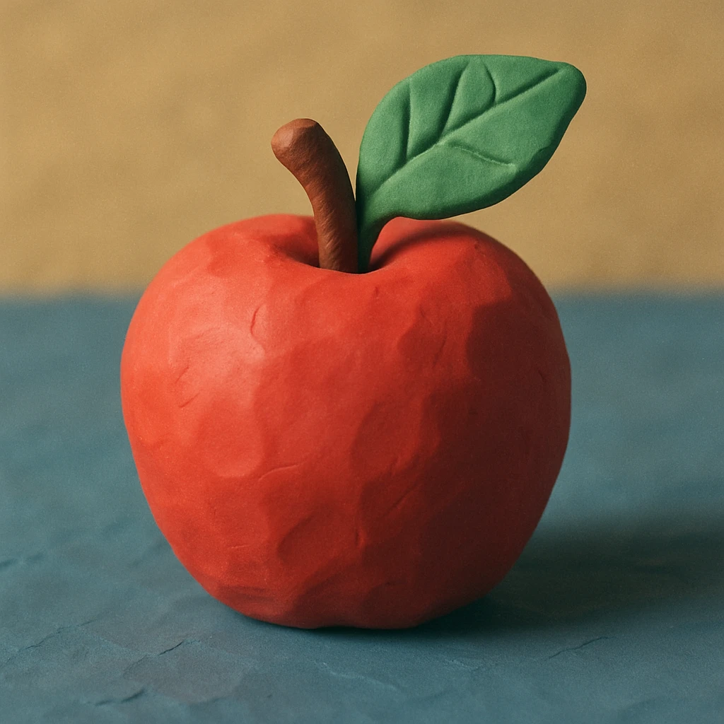 a red apple with a green leaf, claymation style emoji