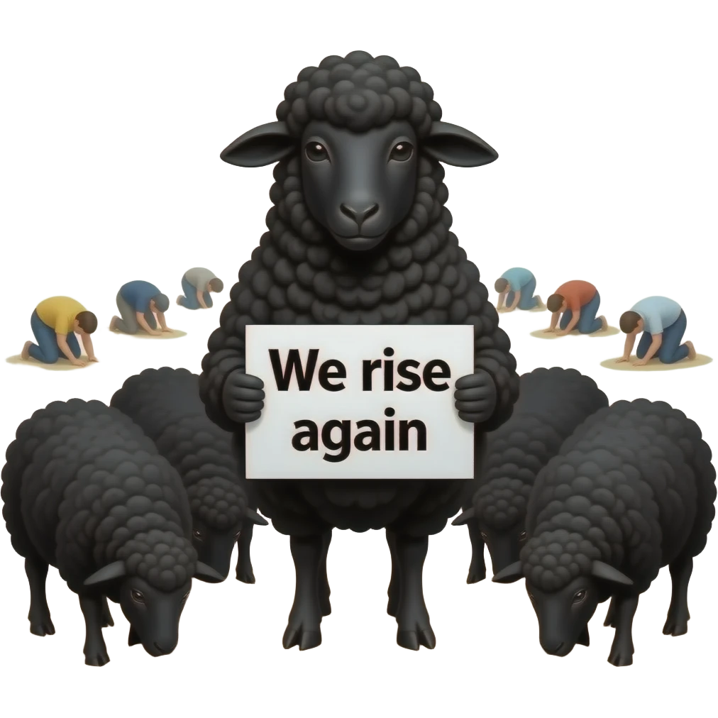 Black sheep with a sign saying “We rise again” with a black flock around the main guy. but behind the flock is people burying their heads in the sand. emoji