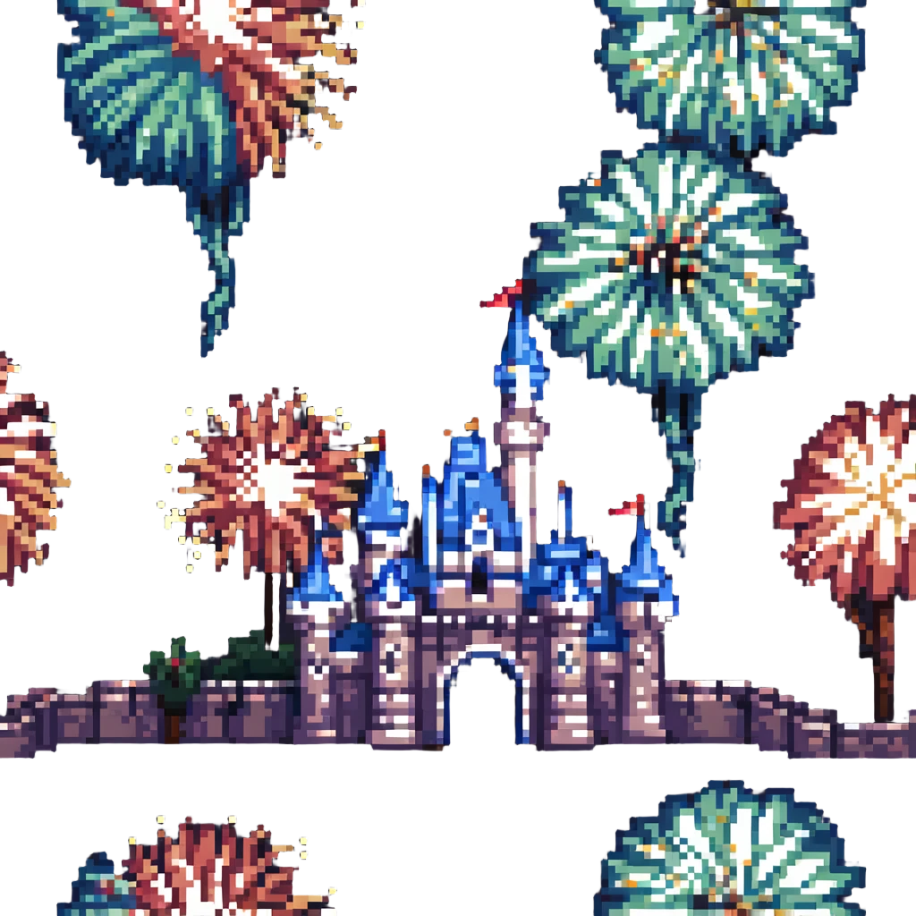 Disneyland Castle pixel art style, fireworks in the sky emoji