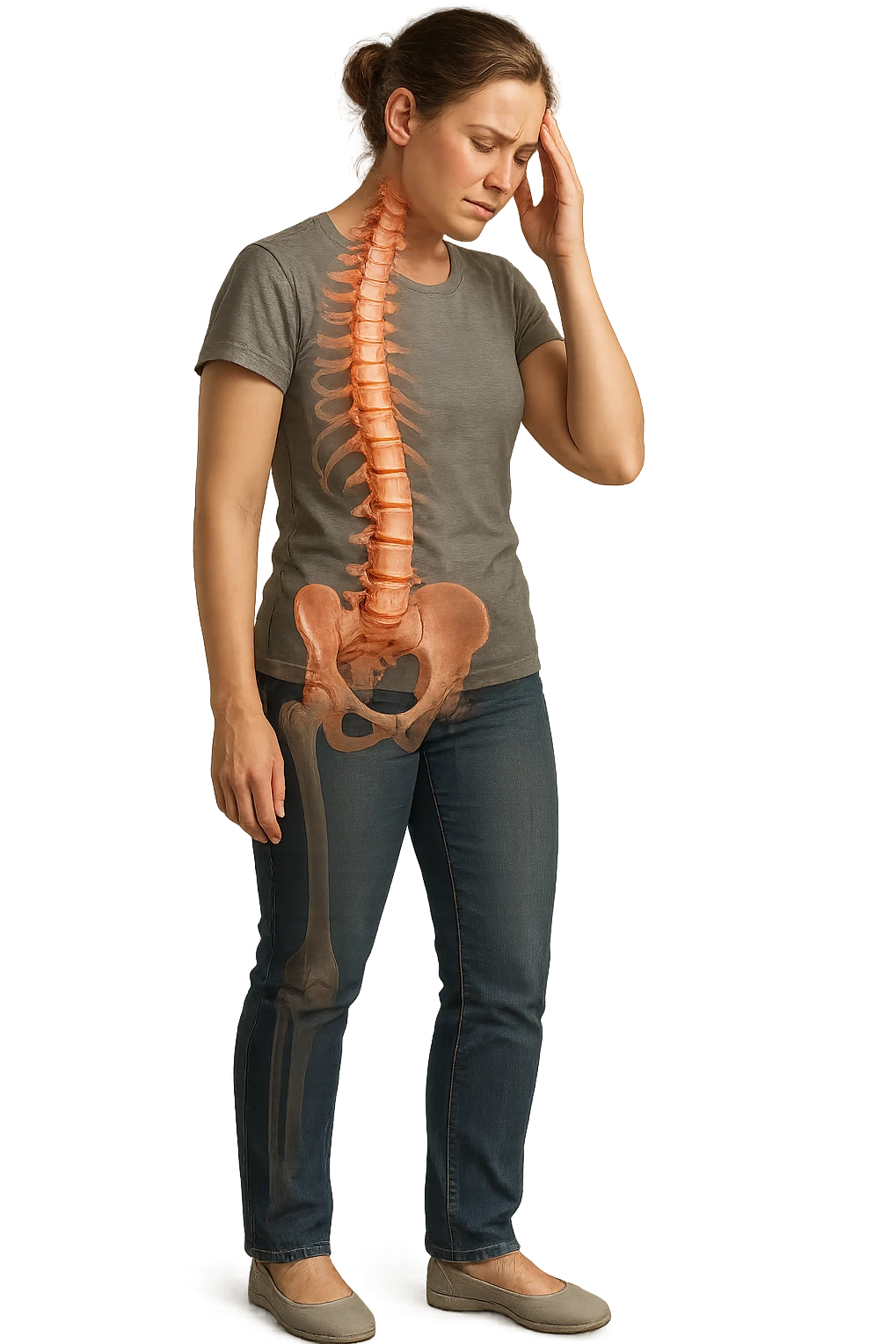 donna stanca a figura intera che si tiene una mano sulla tempia con spina dorsale anatomica visibile, iperrealistico 4k emoji