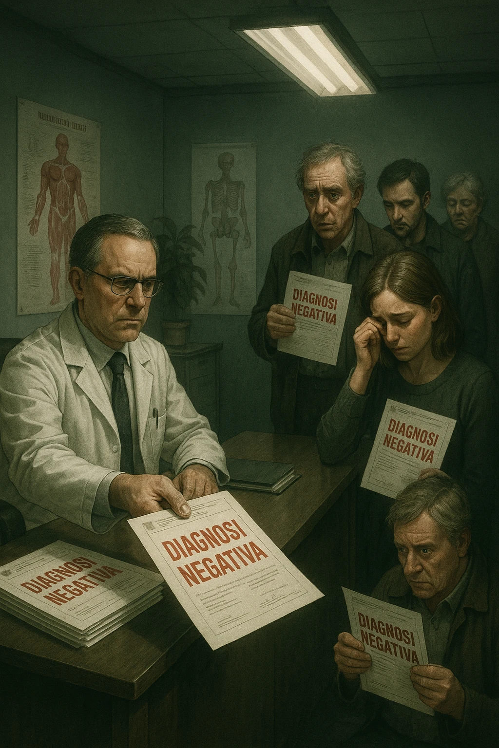 A realistic, cinematic illustration set in a dull, grey-toned medical office. A middle-aged male doctor in a white coat with a stern, cold expression is seated at his desk, handing out medical reports with large red ‘Negative Diagnosis’ stamps to each patient in line. The patients, of various ages and appearances, stand in a line, each looking increasingly sad, defeated, and demoralized as they receive their papers, with slumped shoulders and empty gazes. One young woman wipes away a tear, while a man stares at the paper in shock. The background shows medical posters, a faded plant, and harsh fluorescent lighting, emphasizing the cold, mechanical environment. The mood is heavy, illustrating how negative diagnoses delivered without empatia can deeply affect the mental health and morale of patients. The style is realistic, with subtle filmic grain, emphasizing emotional impact and the weight of medical words on people’s lives. in italiano emoji