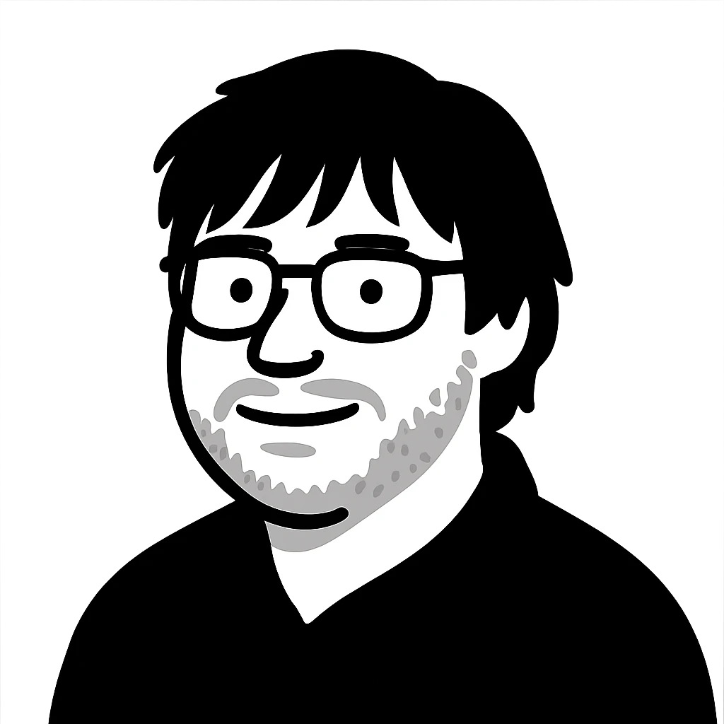 A gentle-looking man with rectangular glasses, longer shaggy hair with wispy bangs across the forehead, chubby round cheeks, a broad flat nose, and a light beard emoji