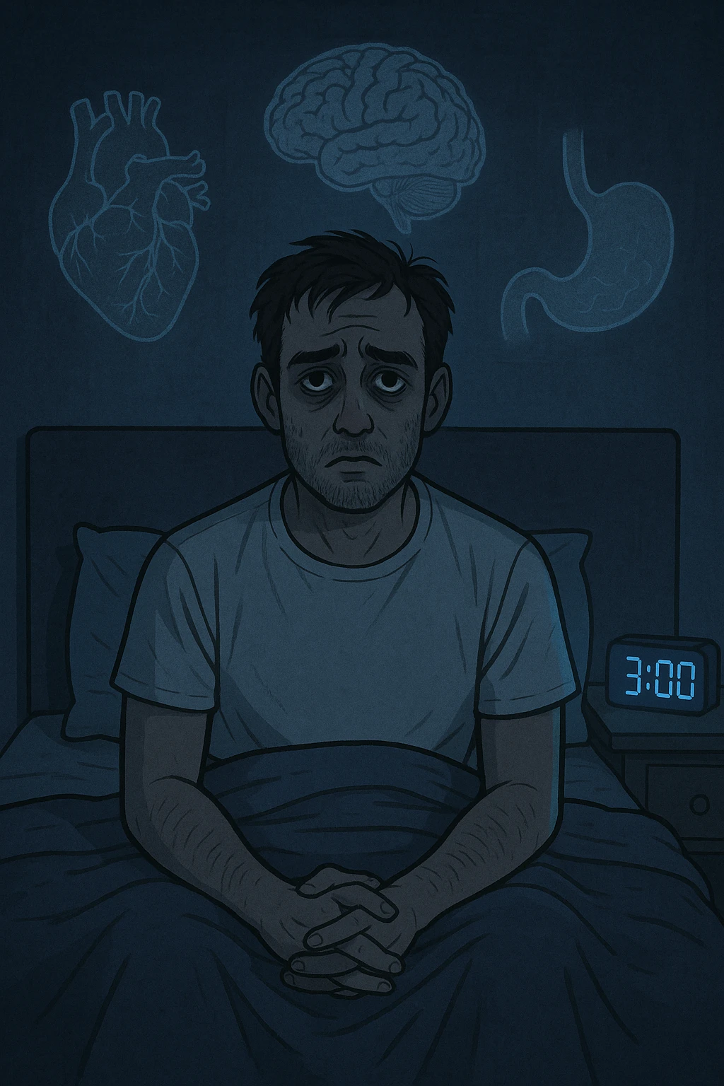 a man sits awake in bed in the middle of the night, dark circles under his eyes and a tired, anxious expression. The room is dimly lit by the blue glow of a phone or digital clock showing 3:00 AM. Around him, faint ghostly overlays of anatomical drawings highlight affected organs—heart, brain, and stomach—symbolizing the physical harm caused by disrupted sleep. emoji