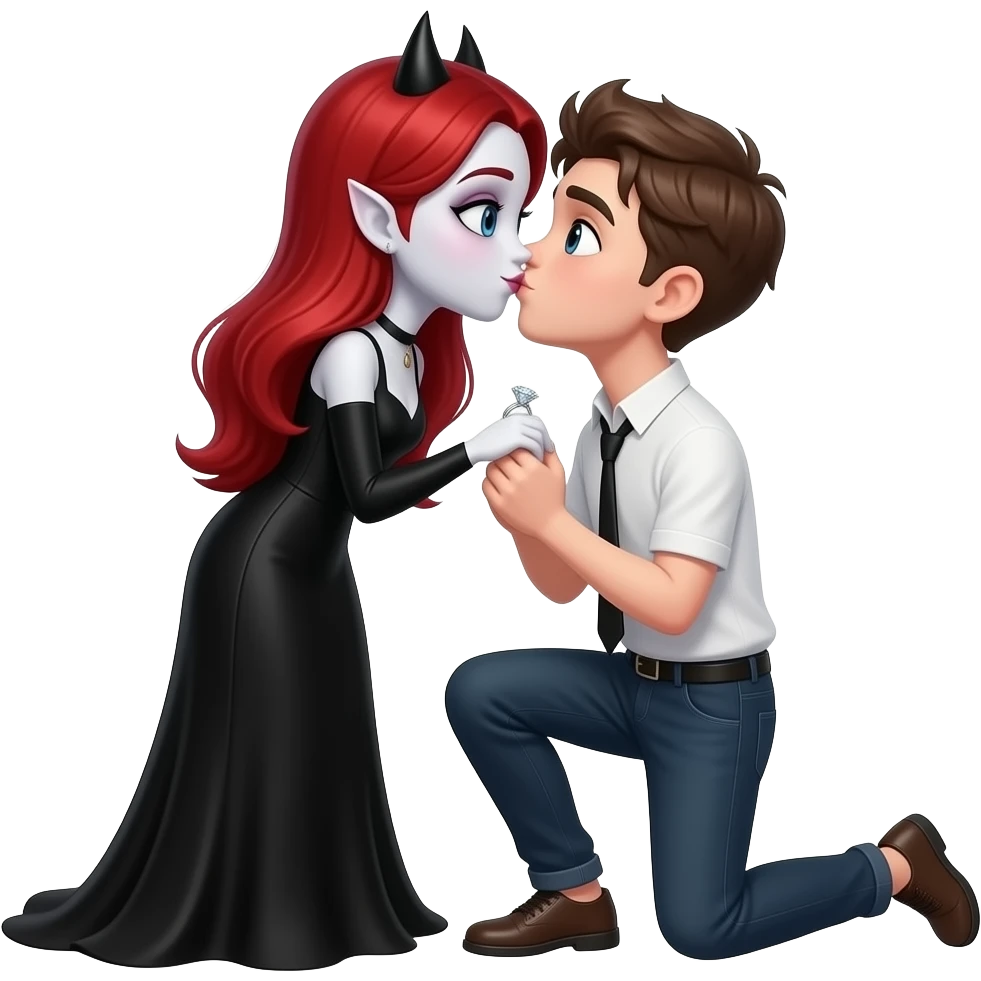 Vampiro femmina ADOLESCENTE con pelle bianca e capelli rossi lunghi indossa un vestito nero LUNGO con le maniche lunghe e il suo ragazzo VAMPIRO ADOLESCENTE con la pelle bianca  si inginocchia e le chiede di sposarlo con un anello d'argento con un diamante ed la ragazza lo bacia emoji