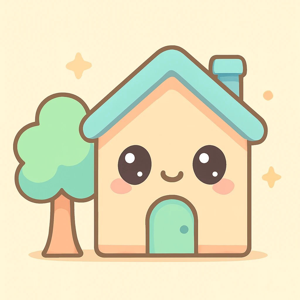 a home with a tree, cute kawaii cartoon style emoji