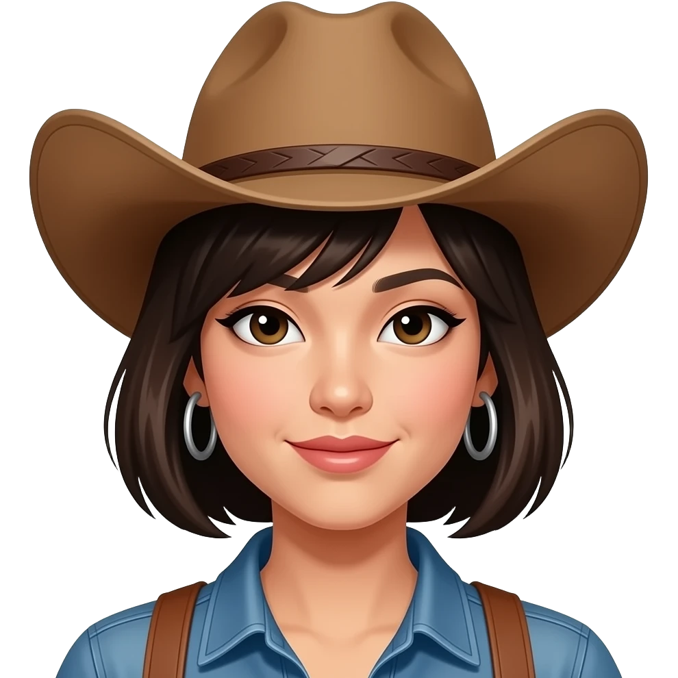 hot cowgirl asian with dark brown hair, wearing a cowboy hat. hairstyle is a bob. she's a little tan. has silver hoop earrings emoji