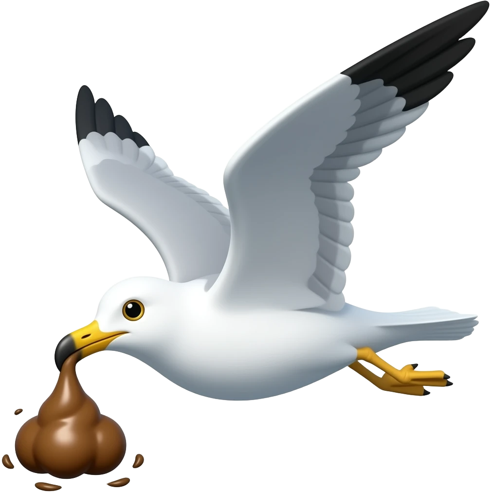 Create a picture of a seagull flying doing a shit emoji