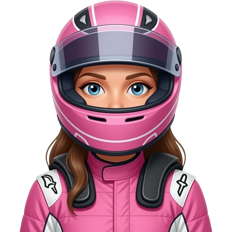 create woman using f1 pink costume no sponsor and f1 helm that cover the face, the woman have long hair inside helm emoji