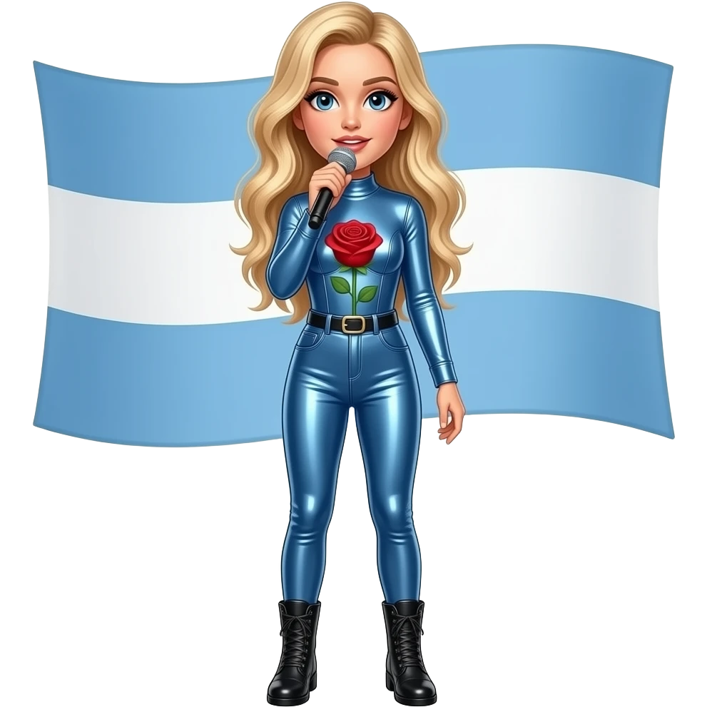 Sabrina carpenter blonde hair  in a metallic blue bodysuit with a rose on the chest performing at a concert with an Argentinian flag in the background emoji