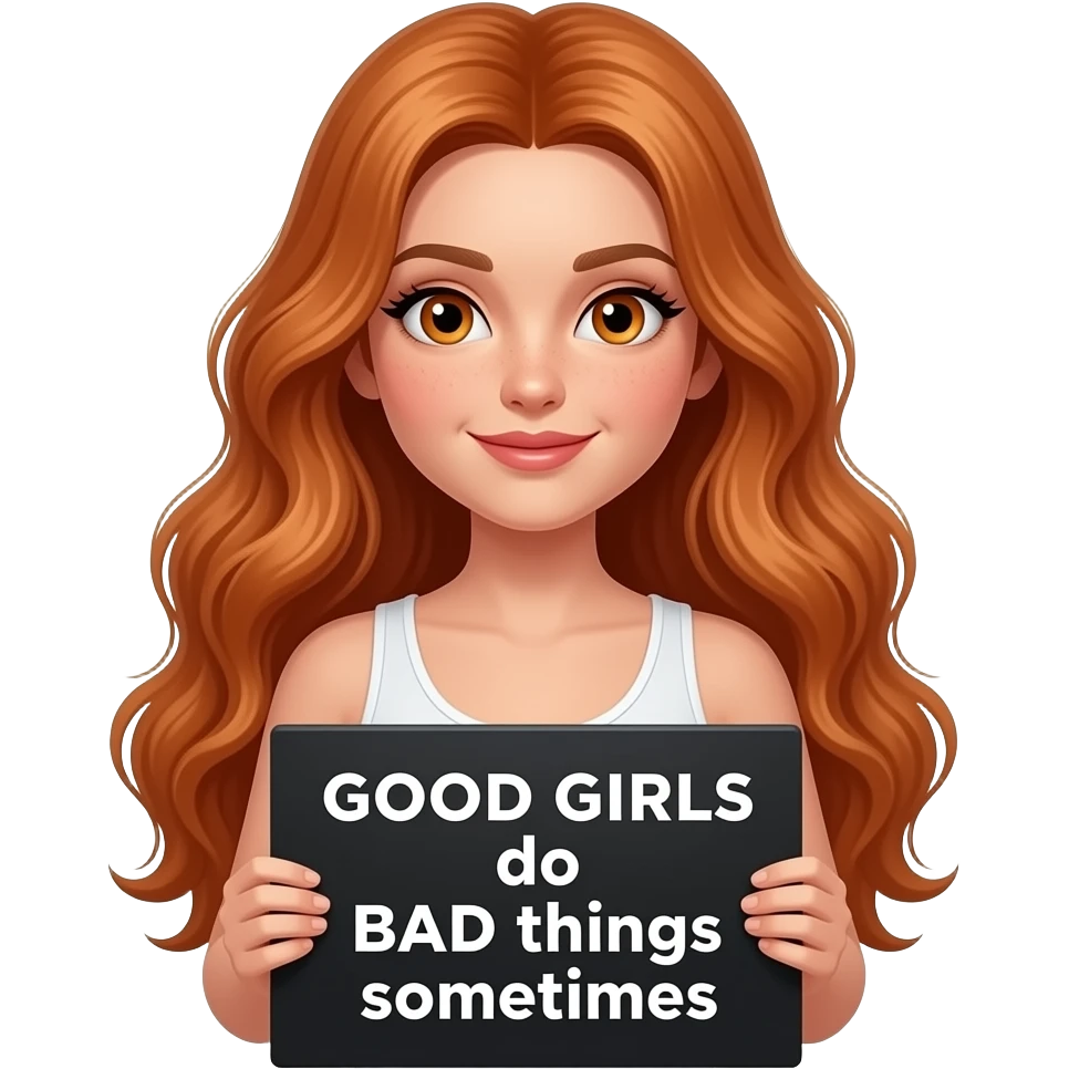 sexy girl with long wavy ginger hair and ginger eyes wearing a white tanktop is holding a black colored sign with GOOD GIRLS do BAD things sometimes written on it emoji