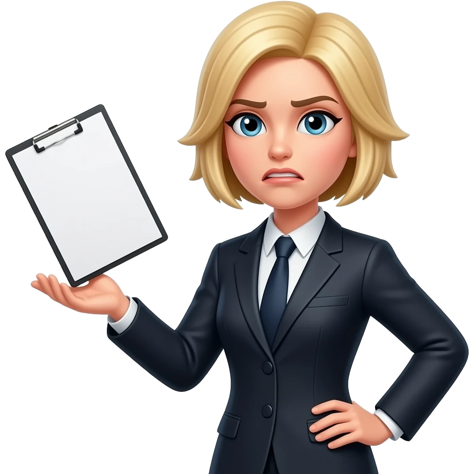 Blonde short and SPIKED hair female lawyer withone hand on her hip and the other hand dropping a legal pad with disgusted look on her face emoji