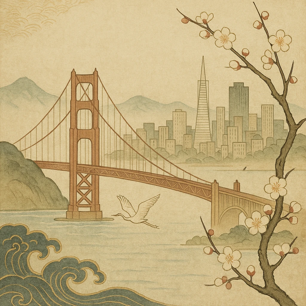{
  "style_description": {
    "overall_look": "Traditional Japanese painting with a refined and serene aesthetic rooted in classical techniques",
    "material_simulation": {
      "primary_material": "natural pigments on washi or silk",
      "texture_detail": "subtle paper grain, matte finish, soft brushwork",
      "pattern": "occasional use of classical Japanese motifs such as plum blossoms, waves, or cranes"
    },
    "geometry": {
      "edge_style": "fluid and organic linework with gentle outlines",
      "dimensionality": "flat perspective with carefully balanced negative space"
    },
    "color_palette": {
      "scheme": "earthy and muted tones with occasional gold or mineral highlights",
      "preferred_colors": ["indigo", "sumi black", "reddish brown", "soft greens", "off-white"],
      "contrast": "low contrast, harmonious tones"
    },
    "lighting": {
      "type": "diffused, implied through tone rather than shading",
      "purpose": "maintain the contemplative and meditative quality of the piece"
    },
    "render_constraints": {
      "avoid": ["realistic lighting", "high saturation", "modern cartoon outlines", "digital gradients"],
      "focus_on": ["natural harmony", "elegance", "quiet emotional expression"]
    },
    "background": {
      "color": "neutral or light washi-inspired background",
      "style": "plain or softly patterned with traditional elements",
      "lighting_consistency": "flat and even, no cast shadows or dramatic highlights"
    }
  }
}

{subject} = san francisco emoji