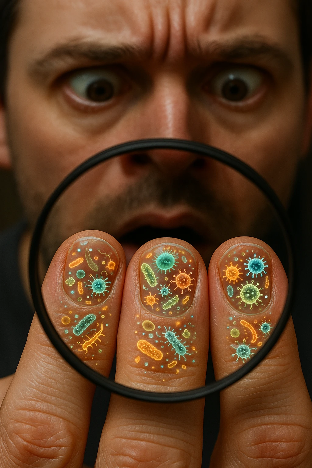 "Close-up macro shot of man's fingernails with transparent overlay showing dense colonies of bacteria, viruses, and parasites thriving in nail beds, millions of pathogens visible as glowing microscopic organisms, expression of shock as he examines his hands under magnification, nail debris containing more germs than toilet water, fingertips becoming mobile germ factories" emoji